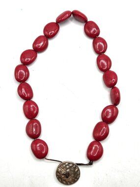 Chaps Red Beaded Necklace With Hammered Metal Button Closure